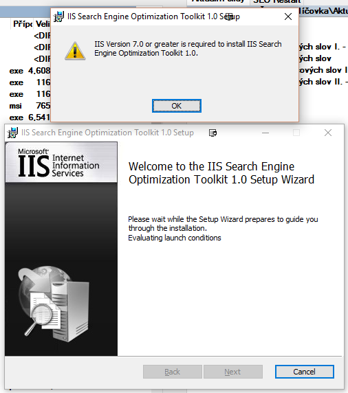 Chyba instalace SEO toolkit na Windows 10
