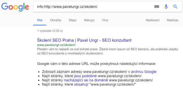 Screenshot testu indexace URL na Google